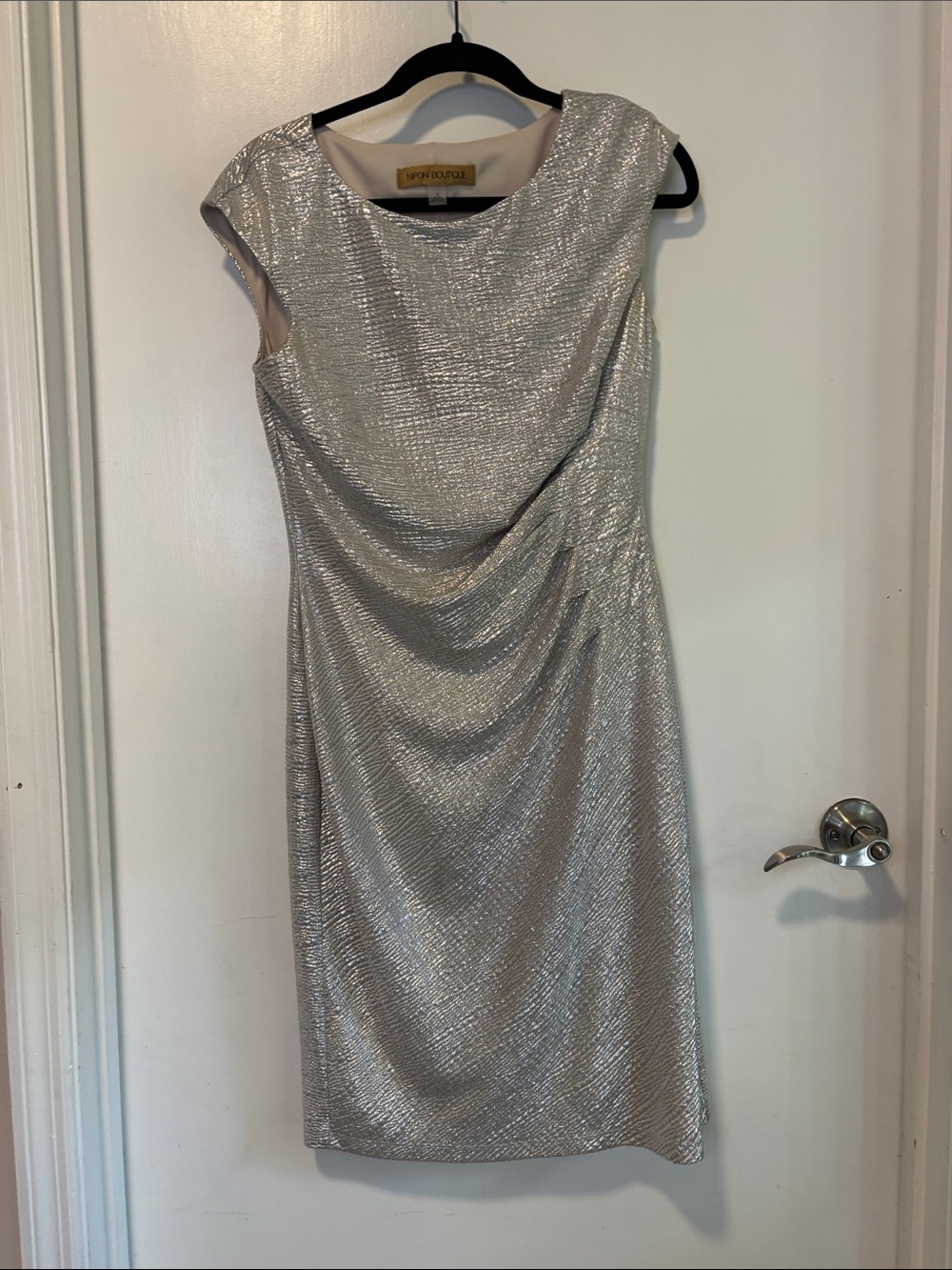 Nipon Boutique Silver Metallic Textured Ruched Sheath Dress Size 6